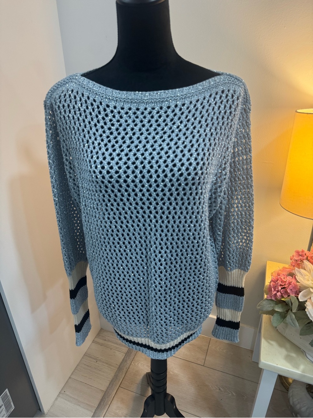 Moda Light Blue Open-Knit Off-the-Shoulder Sweater with Striped Cuffs